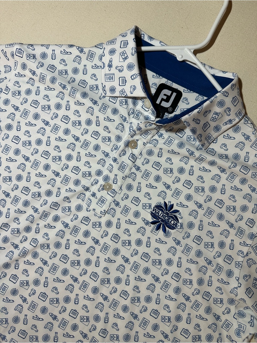 FootJoy White Golf Polo with Blue Travel Icon Print